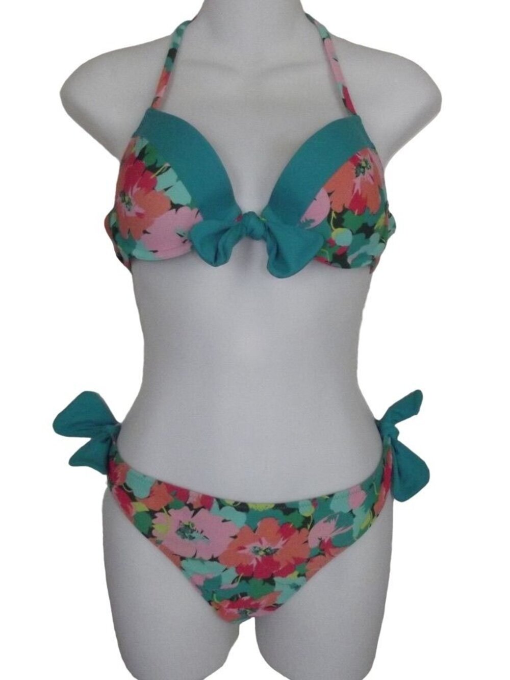 Aerie Bikini Womens Large (Halter Top 36B) (Bottom Large) Green Tropical Floral
